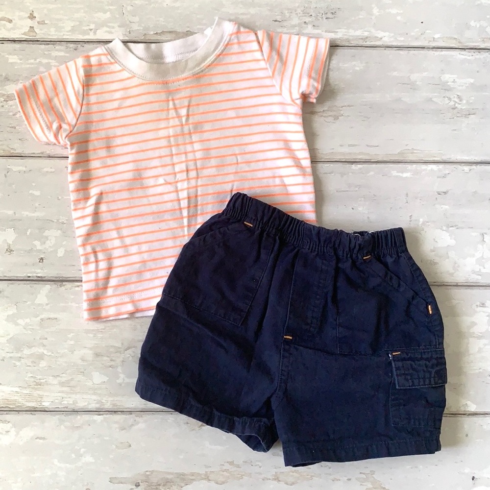 Baby Boy 6m Summer Outfit Shorts & Shirt Set Navy Blue Orange Stripes